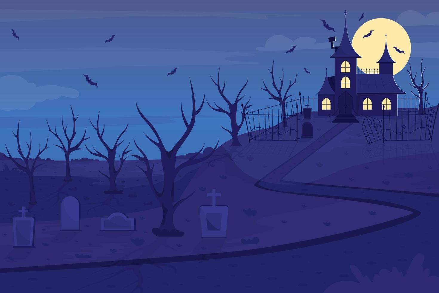 Haunted mansion on hill flat color vector illustration