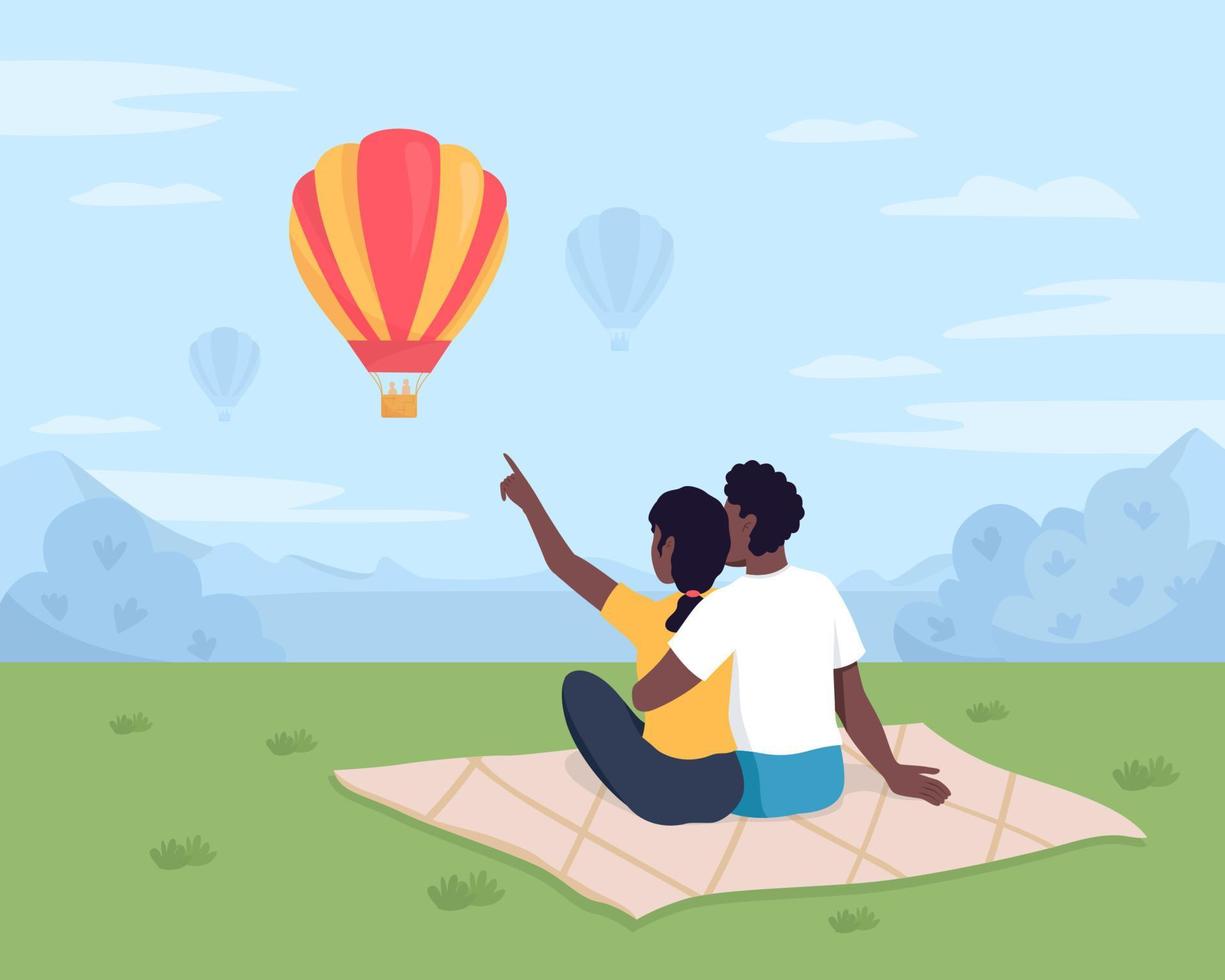 Watching air balloons flat color vector illustration