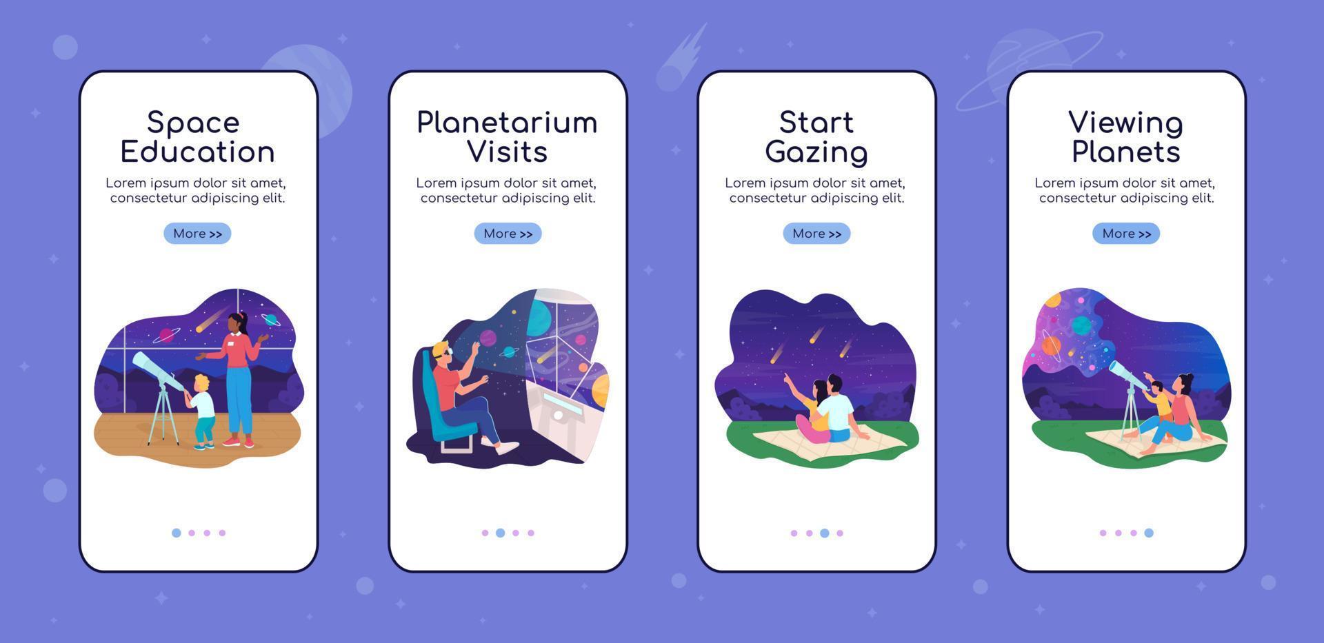 Space and science onboarding mobile app screen flat vector template