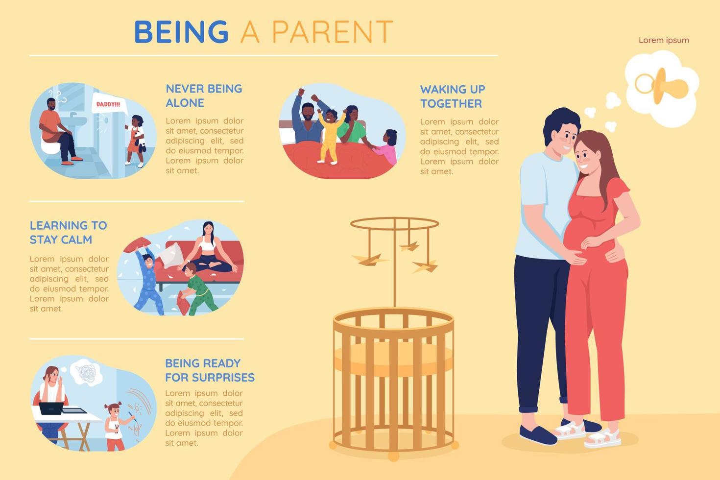 Being a parent flat color vector infographic template. Father and mother with kids. Poster with text, PPT page concept design with cartoon characters. Creative data visualization. Info banner idea