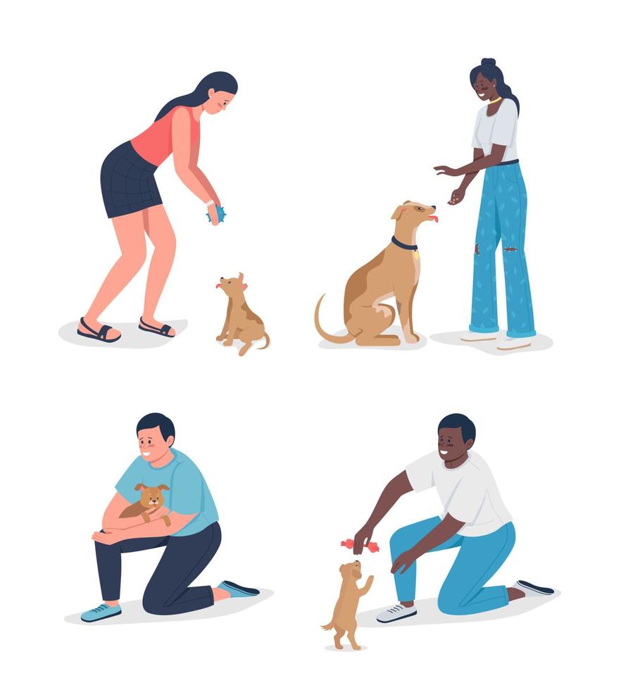 Owners playinh with pets semi flat color vector character set