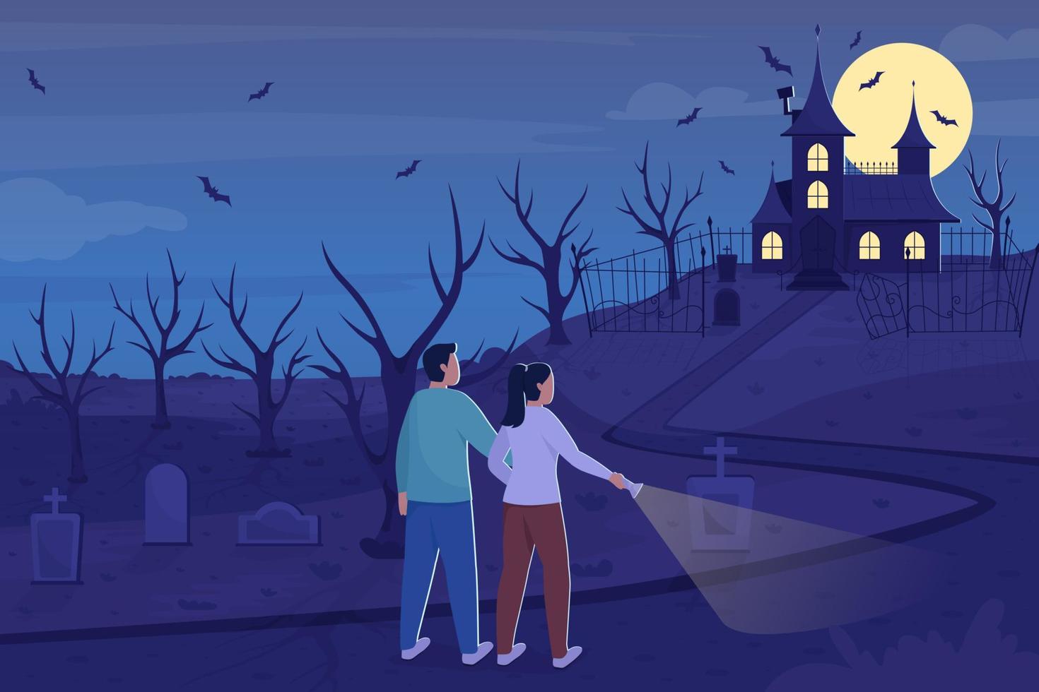 Explore haunted mansion at night flat color vector illustration