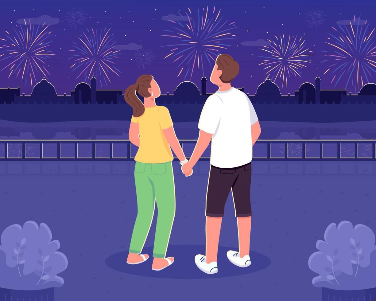 Watching fireworks together flat color vector illustration