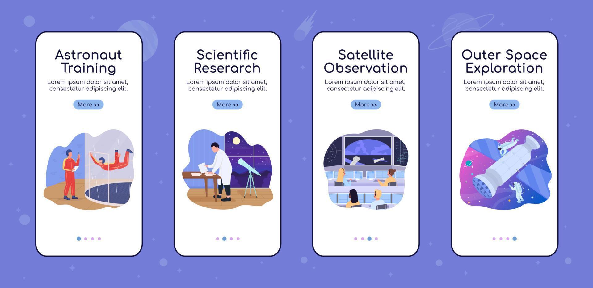 plantilla de vector plano de pantalla de aplicación móvil de incorporación de exploración del espacio exterior