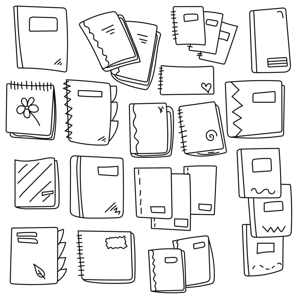un juego de cuadernos garabatos de varias formas y tamaños, un cuaderno escolar y un cuaderno con espiral o pegado, materiales para apuntes o enseñanza vector