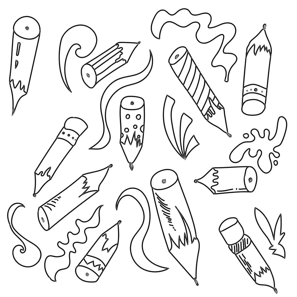 Lápices de vector de contorno doodle set, ilustración de dibujo a mano con lindo pensil