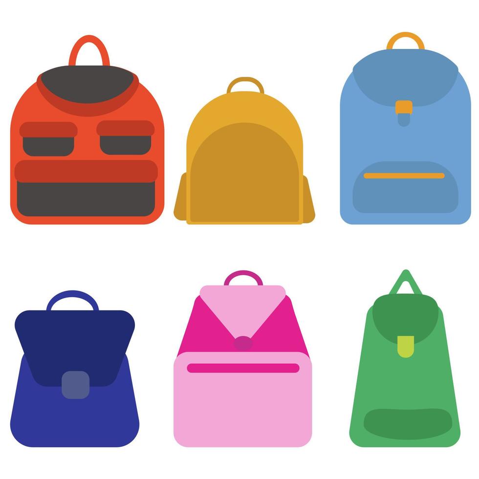 mochilas escolares en estilo plano, juego de bolsos coloridos con bolsillos y diferentes tipos de sujetadores vector