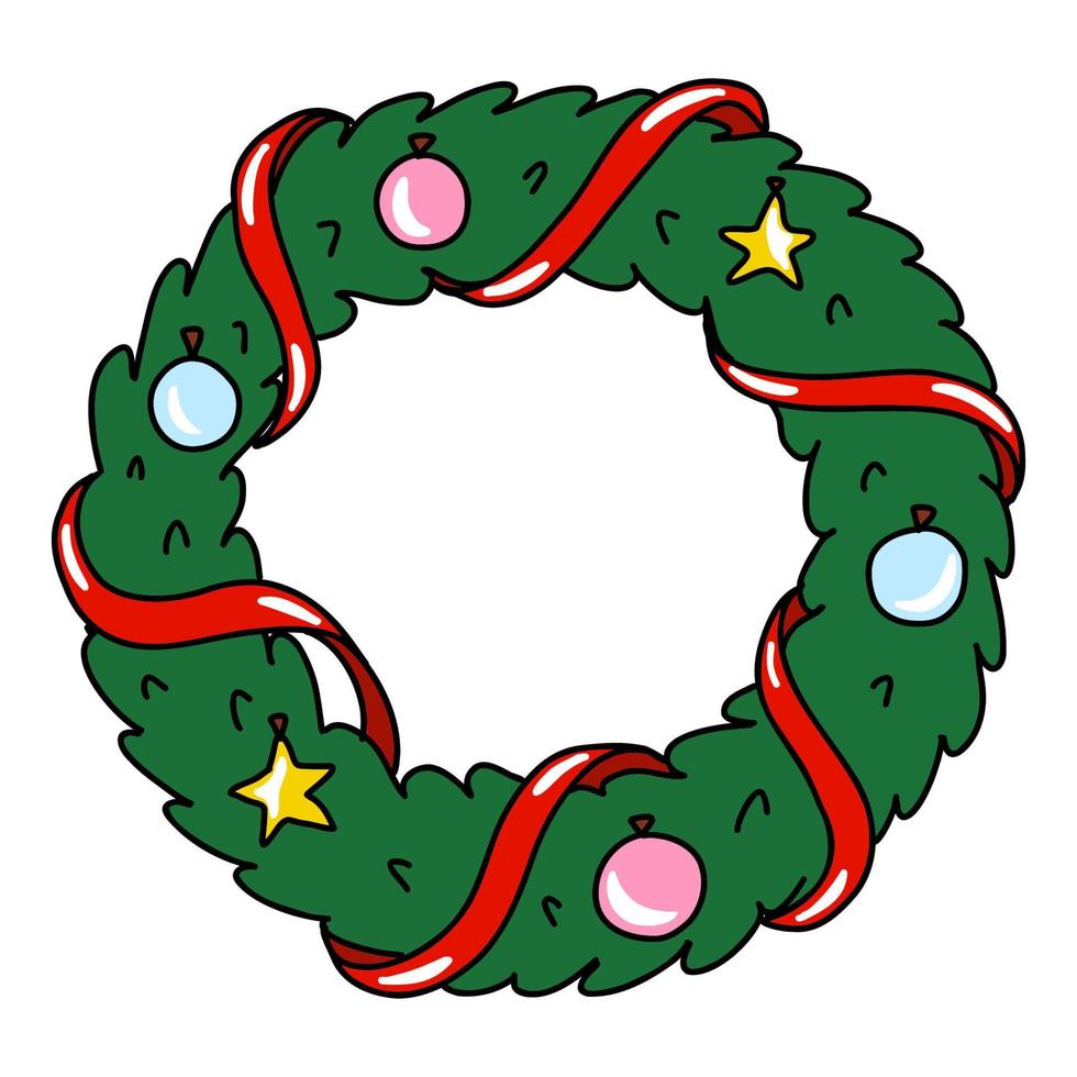 Christmas green wreath isolated on white background in doodle style vector