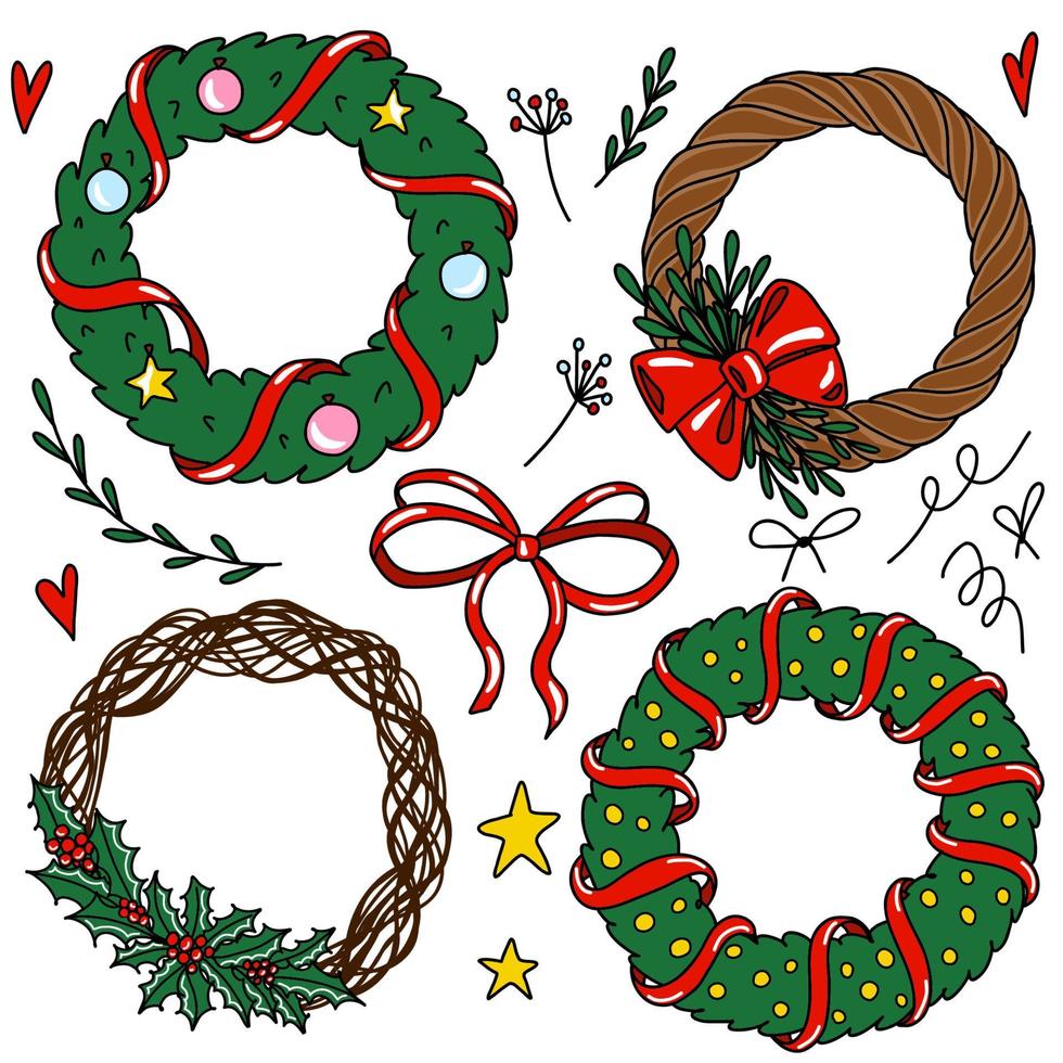 Christmas wreath set with winter floral elements. Season greeting card vector