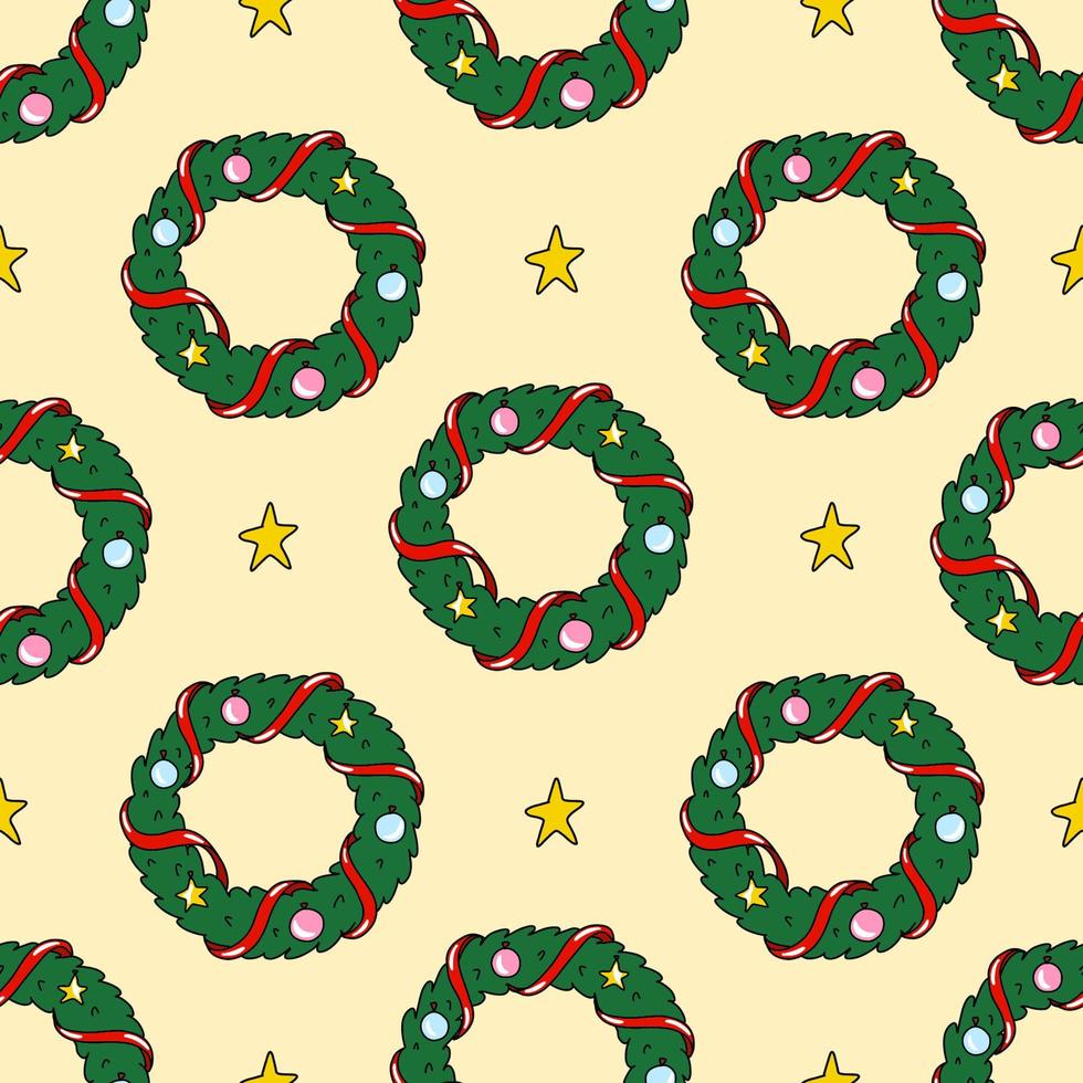 Cute seamless pattern with green christmas wreath holiday decoration, garland and stars vector