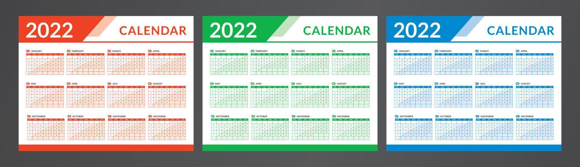 Monthly calendar template for 2022 year. Week starts on Sunday. Wall calendar vector