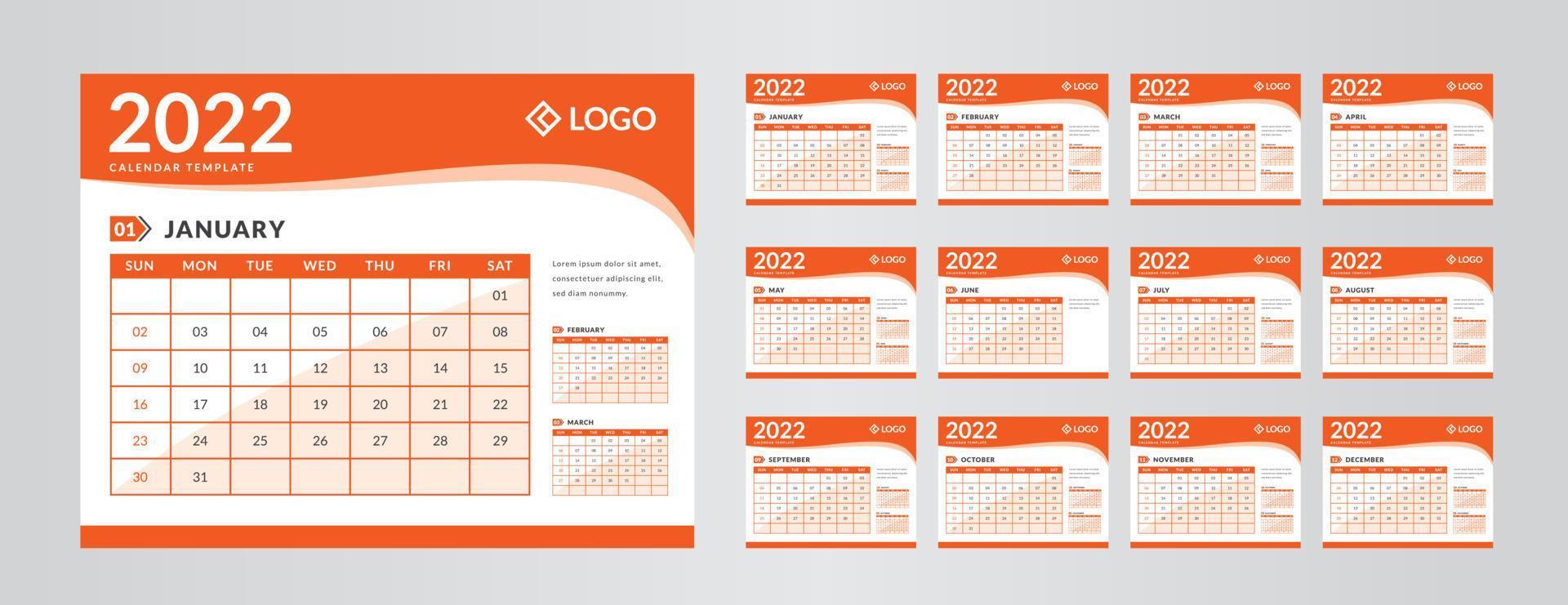 Monthly calendar template for 2022 year. Week starts on Sunday. Wall calendar vector