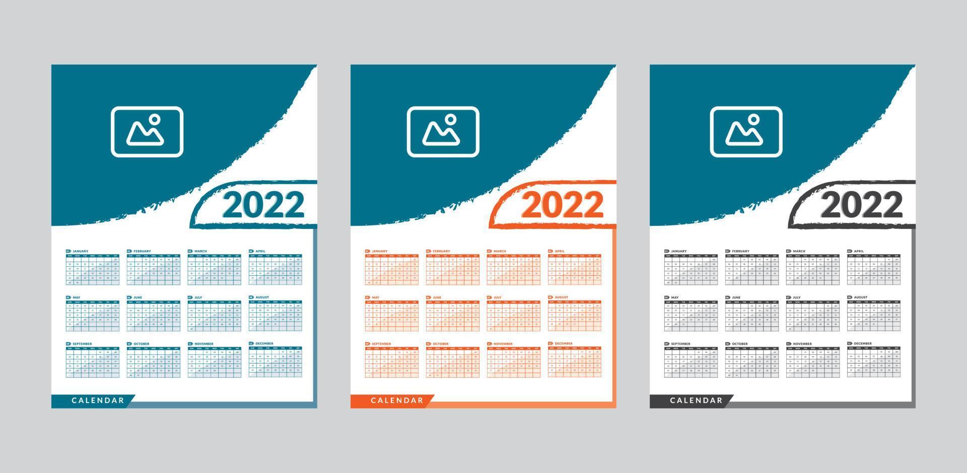Monthly calendar template for 2022 year. Week starts on Sunday. Wall calendar vector