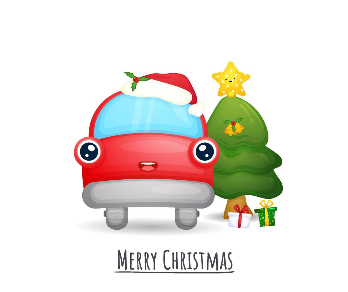 Cute red car with santa hat for merry christmas illustration set Premium Vector