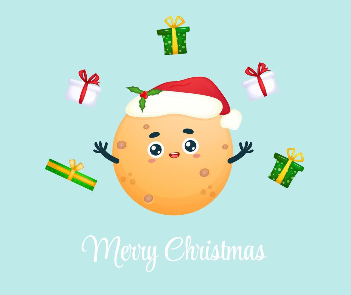 Cute happy smiling little moon with christmas gift for christmas holiday Premium Vector