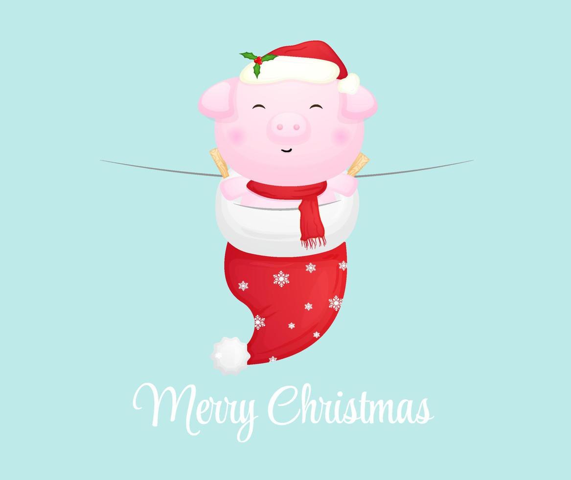 Cute piggy with santa hat for merry christmas illustration Premium Vector