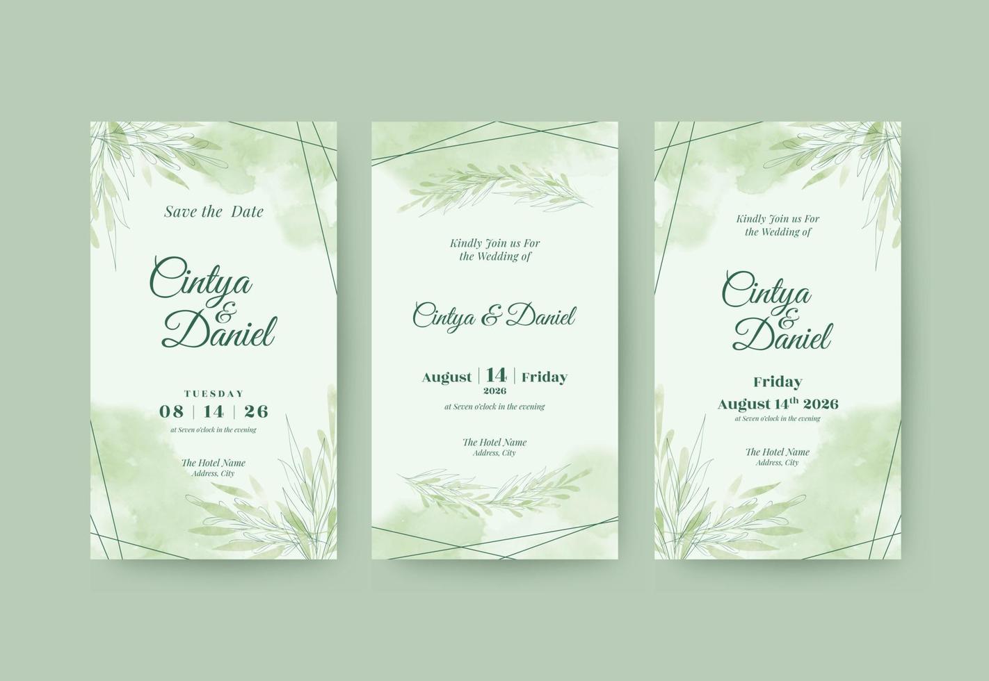 Beautiful green watercolor wedding social media stories template vector
