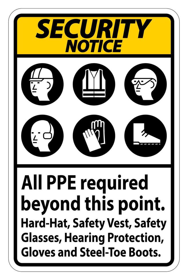 Security Notice PPE Required Beyond This Point. Hard Hat, Safety Vest, Safety Glasses, Hearing Protection vector