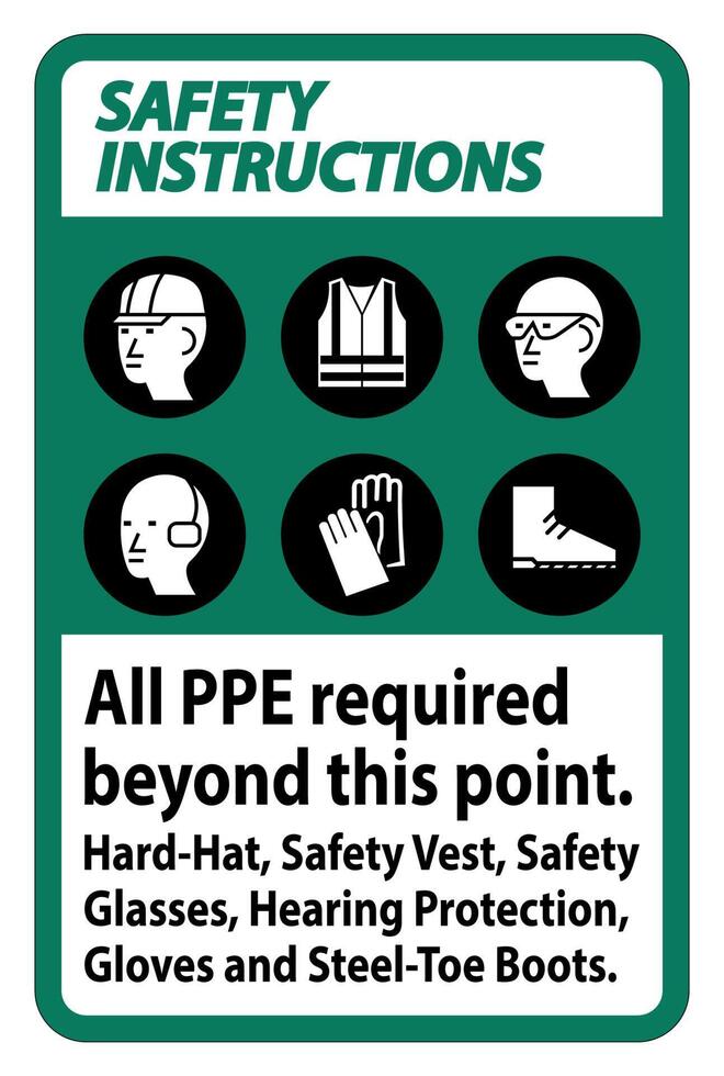 Safety Instructions PPE Required Beyond This Point. Hard Hat, Safety Vest, Safety Glasses, Hearing Protection vector