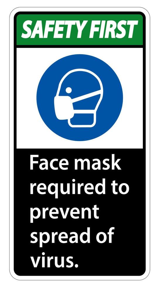 Safety First Face mask required to prevent spread of virus sign on white background vector