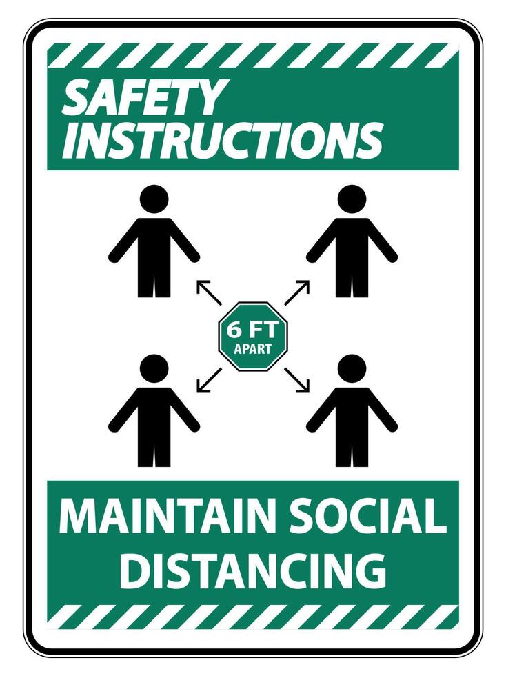 las instrucciones de seguridad mantienen el distanciamiento social, manténgase a una distancia de 6 pies, signo de coronavirus covid-19 aislado sobre fondo blanco, ilustración vectorial eps.10 vector