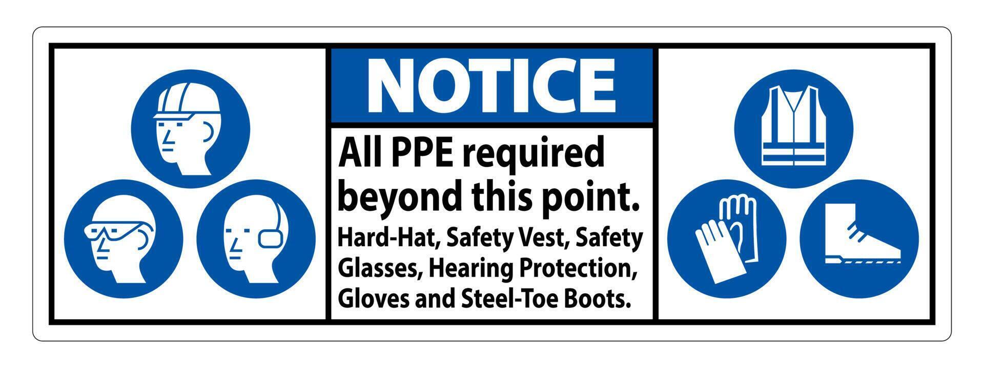 Notice PPE Required Beyond This Point. Hard Hat, Safety Vest, Safety Glasses, Hearing Protection vector