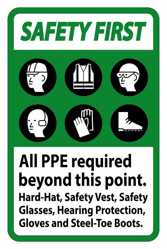 Safety First PPE Required Beyond This Point. Hard Hat, Safety Vest, Safety Glasses, Hearing Protection vector