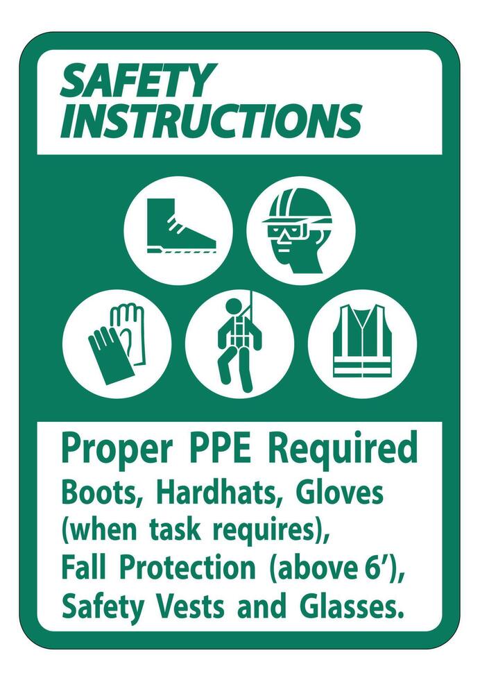 Safety Instructions Sign Proper PPE Required Boots, Hardhats, Gloves When Task Requires Fall Protection With PPE Symbols vector