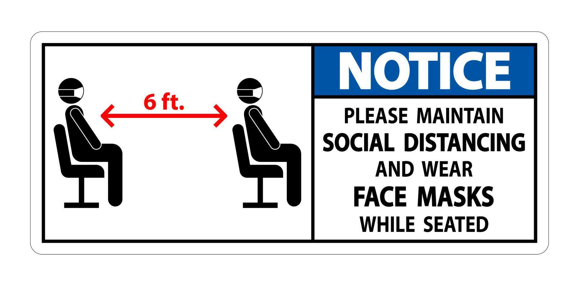 Notice Maintain Social Distancing Wear Face Masks Sign on white background vector