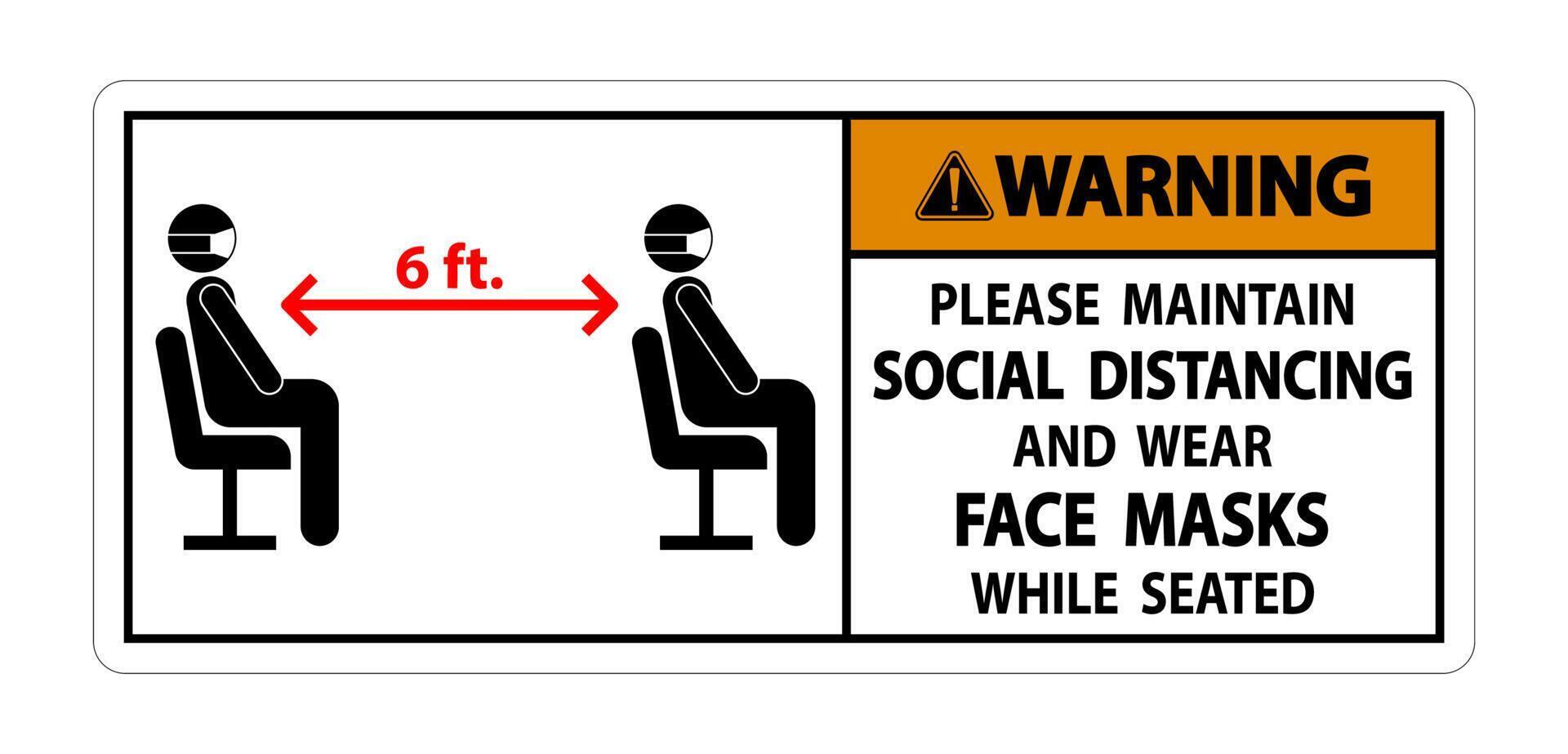 Warning Maintain Social Distancing Wear Face Masks Sign on white background vector