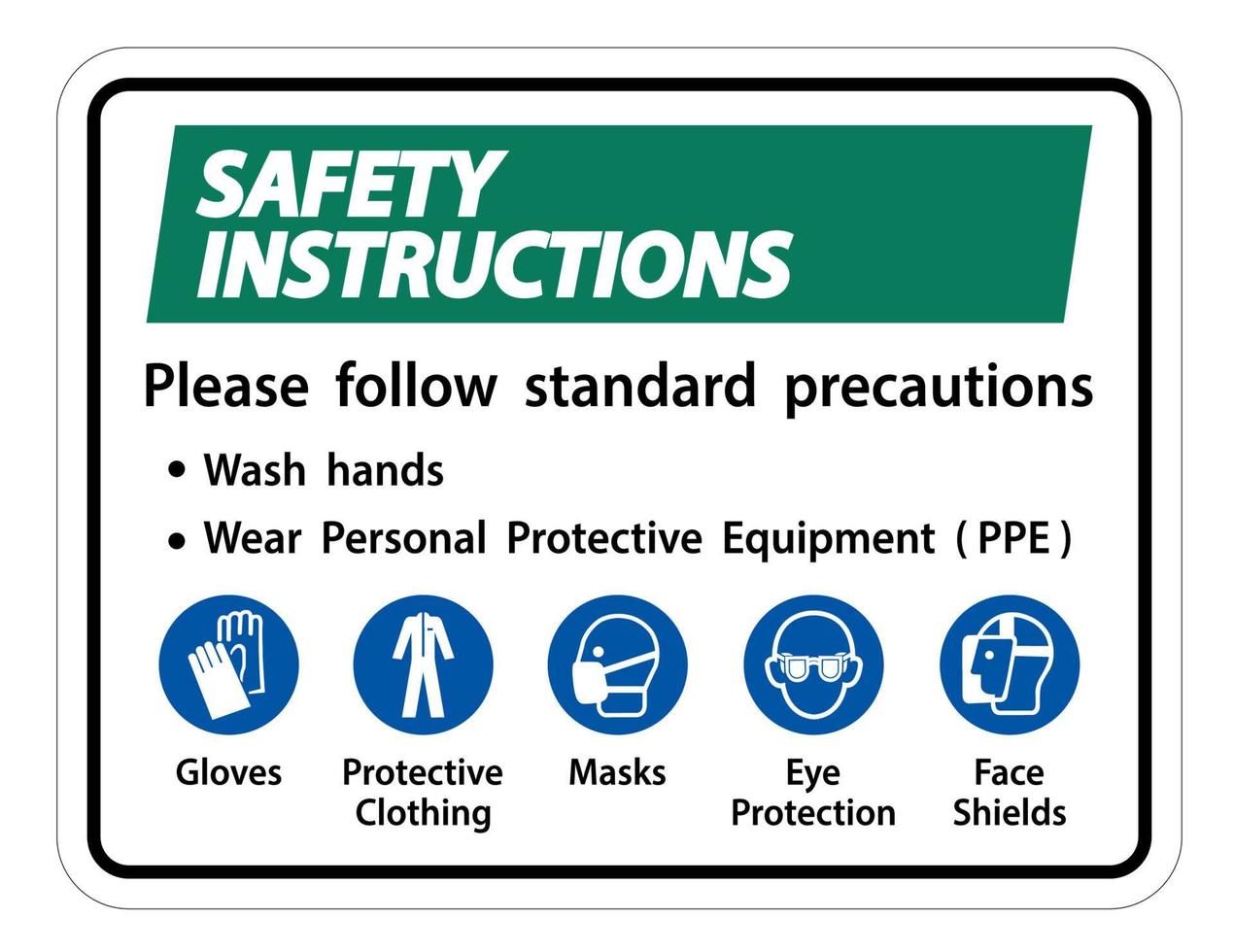 instrucciones de seguridad por favor siga las precauciones estándar, lávese las manos, use equipo de protección personal ppe, guantes ropa protectora mascarillas protección para los ojos pantalla facial vector
