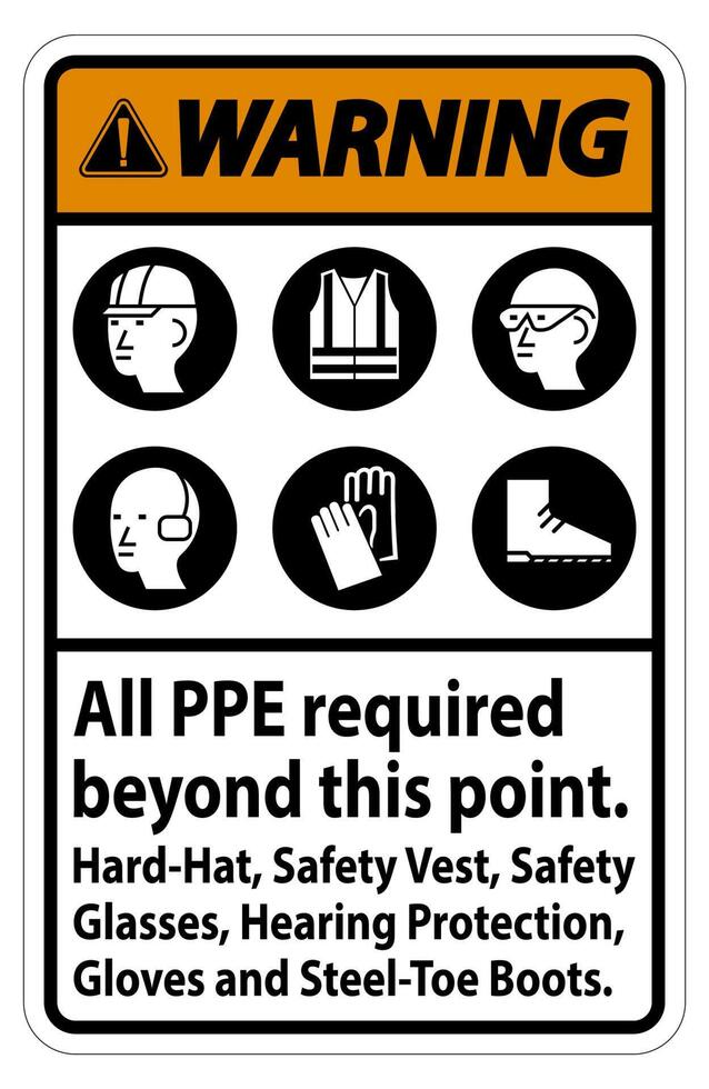Warning PPE Required Beyond This Point. Hard Hat, Safety Vest, Safety Glasses, Hearing Protection vector