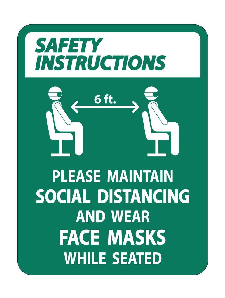 Instrucciones de seguridad mantener el distanciamiento social desgaste mascarillas firmar sobre fondo blanco. vector