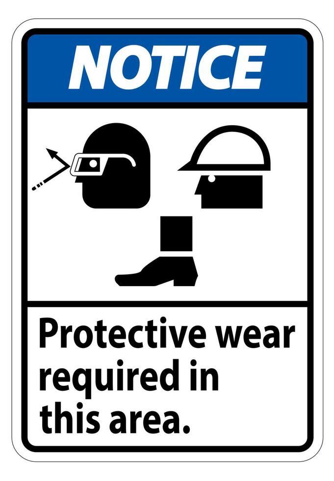 Notice Sign Protective Wear Is Required In This Area.With Goggles, Hard Hat, And Boots Symbols on white background vector