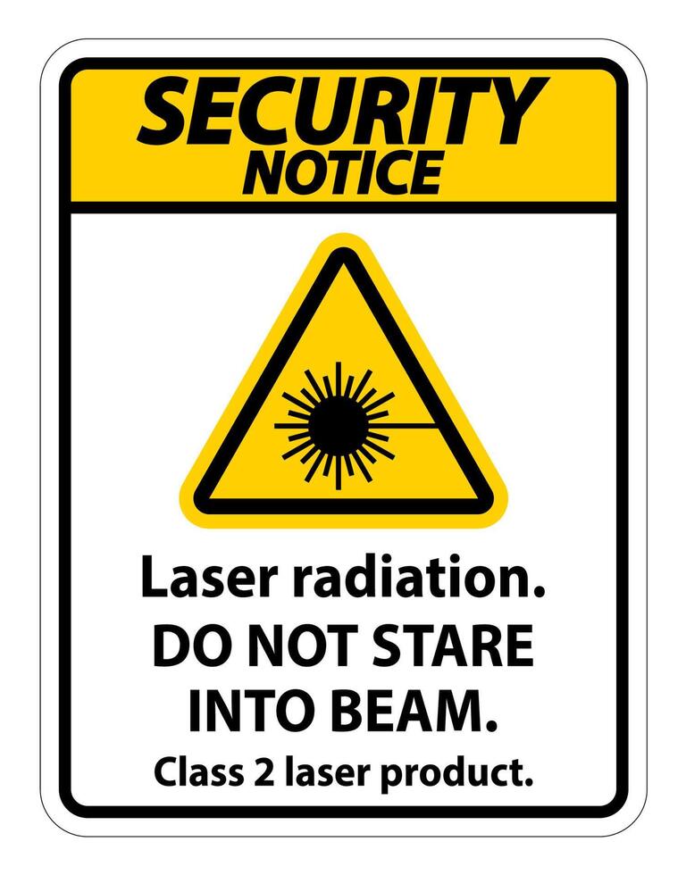 Aviso de seguridad radiación láser, no mire fijamente al rayo, signo de producto láser de clase 2 sobre fondo blanco. vector