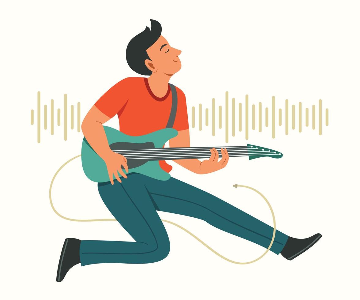 El hombre toca la guitarra eléctrica mientras salta. vector