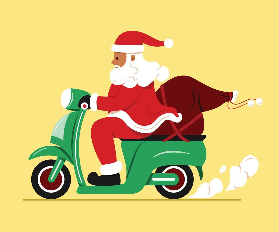 el papá noel monta una motocicleta con una bolsa de regalo. vector