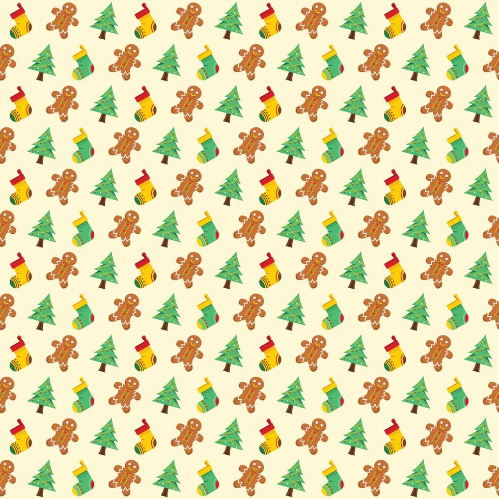 Christmas Wallpaper with Seamless Pattern Elements of Gingerbread Man, Pine Tree and Stocking. vector
