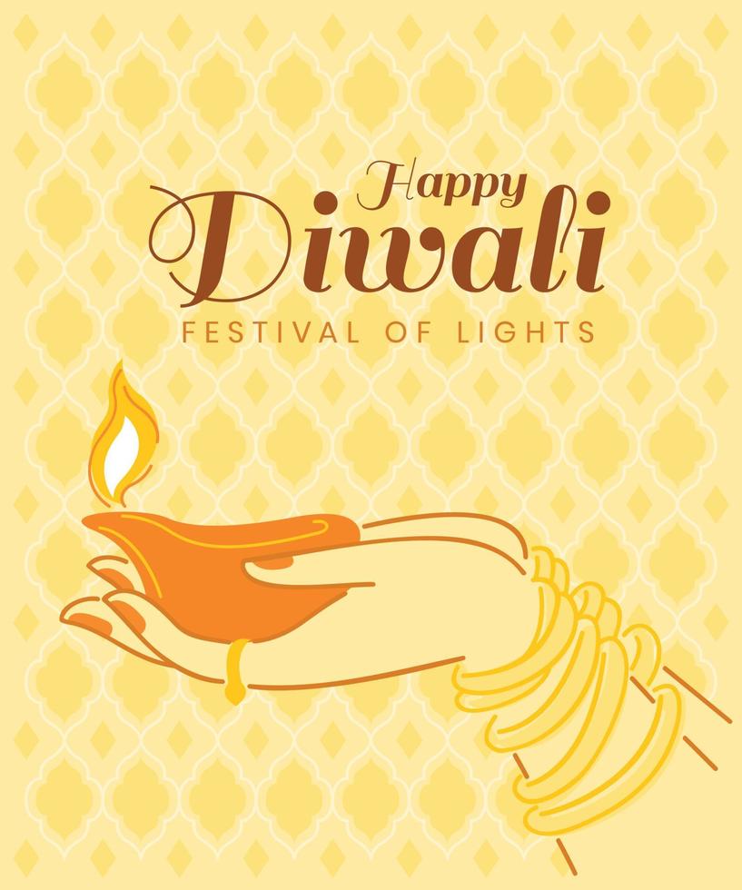 las manos sostienen el diya de la luz para el fondo de pantalla del festival diwali. vector