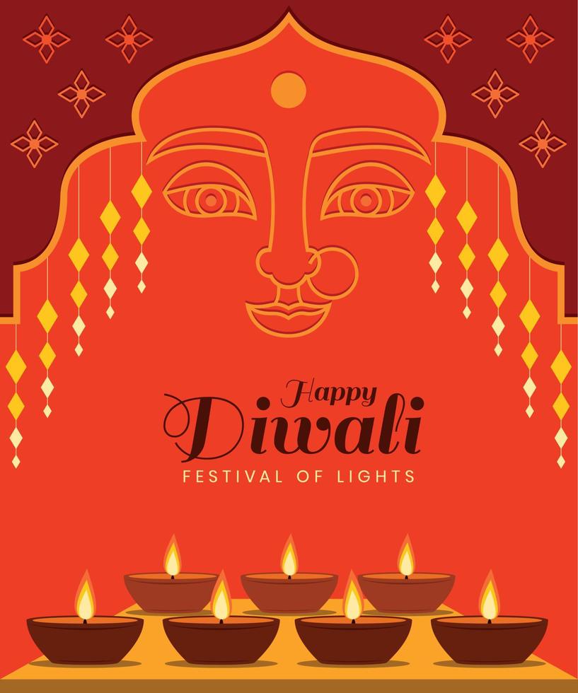 fondo de pantalla del festival de diwali con diya de luces y rostro de contorno de la diosa lakshmi. vector