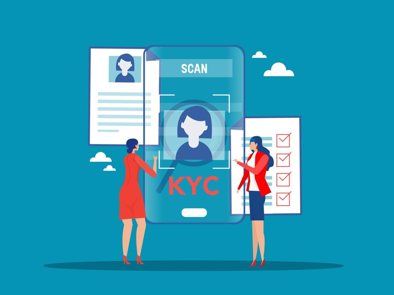 KYC or know your customer with business verifying the identity of its clients concept at the partners-to-be through a magnifying glass vector illustrator