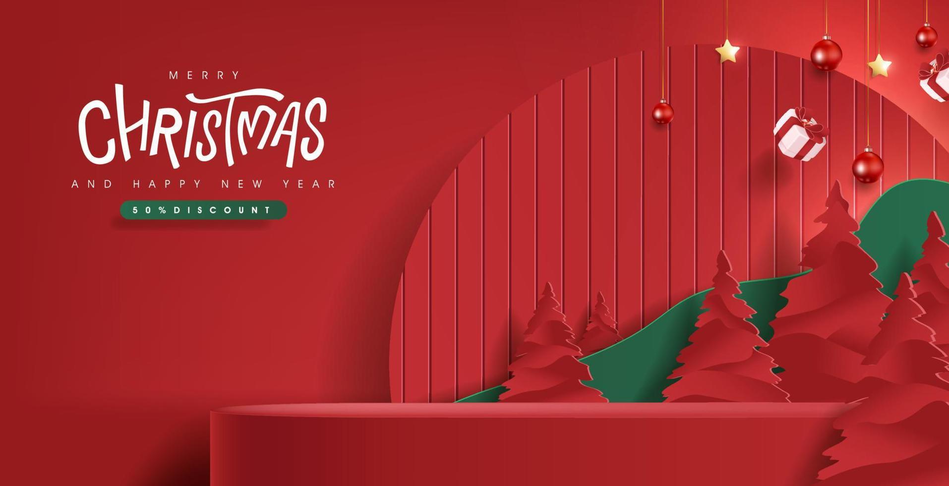 Merry Christmas banner with product display and festive decoration red background vector