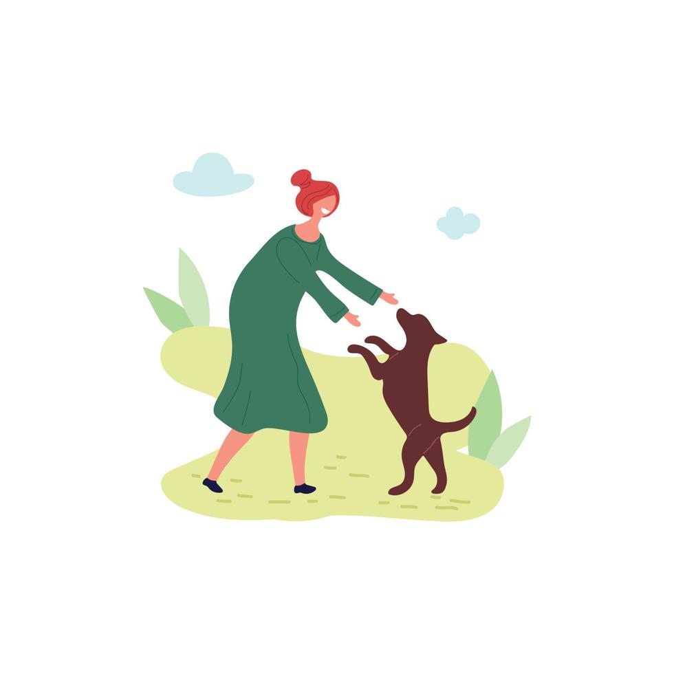 Pet's care woman adopt puppy go walk with dog vector