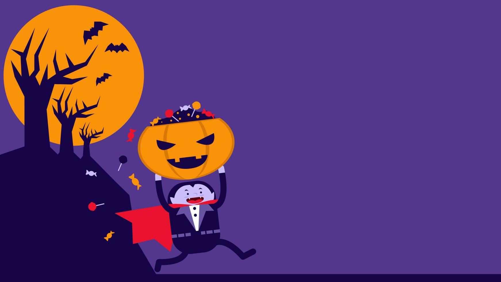 lindo drácula corriendo trae muchos dulces en halloween jack o lantern. adecuado para colocar en contenido de truco o trato. vector