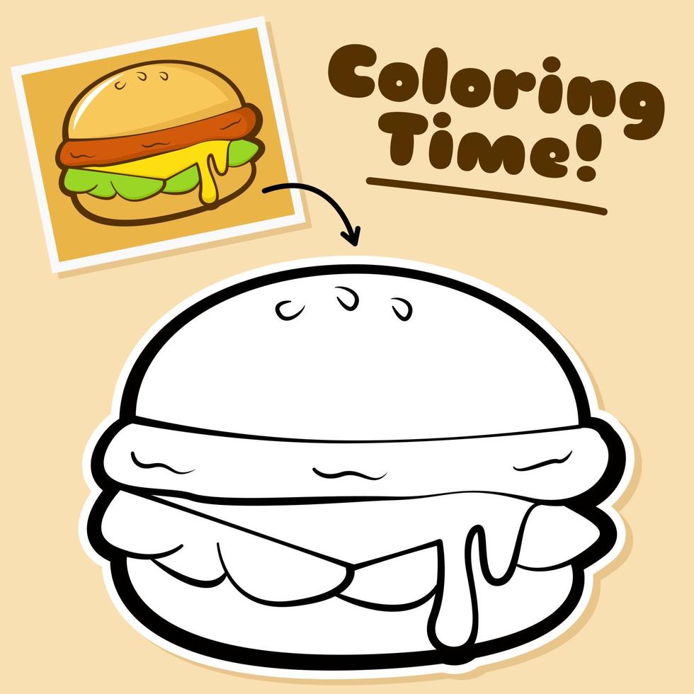 gráfico de vector de ilustración de hamburguesa contorneada y coloreada. Adecuado para libros para niños y libros para colorear.