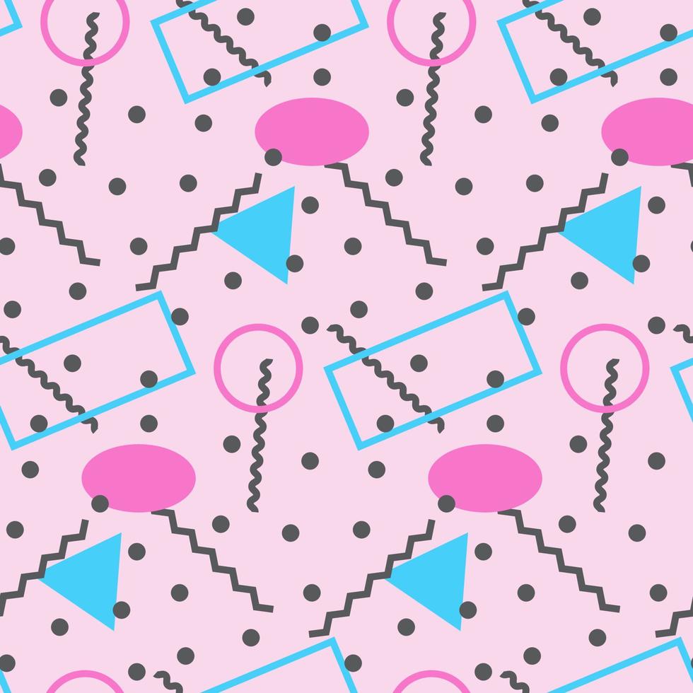Seamless pattern in minimalistic geometric style. Pink, blue, grey and black colors. Memphis style retro print. Abstract doodle background. Endless design. Print for textile, fashion and decor vector