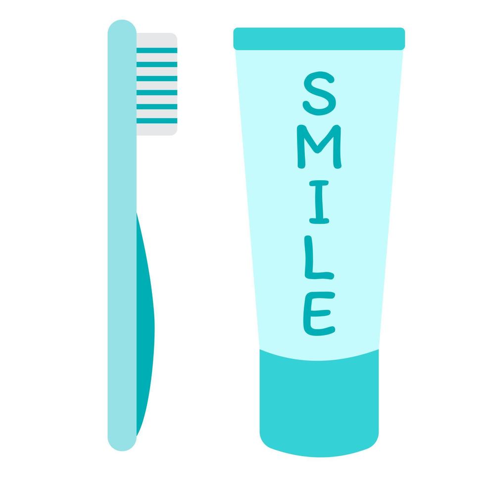 Toothbrush and toothpaste, vector illustration in cartoon flat style. Dental and oral care concept. Cute print for children books, kids dentistry clinic, thematic design and decor. Teeth hygiene