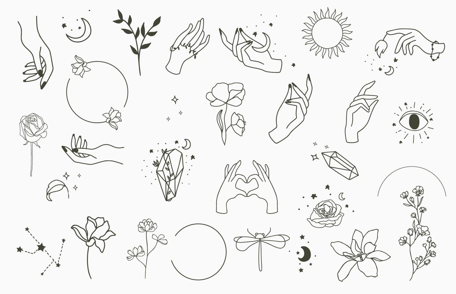 Colección de belleza oculta con mano, geométrica, flor.Ilustración de vector para icono, pegatina, imprimible y tatuaje.