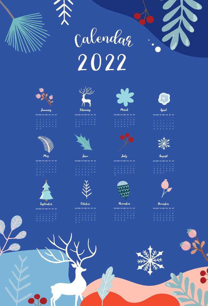 La semana del calendario de mesa 2022 comienza el domingo con invierno, paisaje que se utiliza para el tamaño a4 a5 digital e imprimible vertical vector