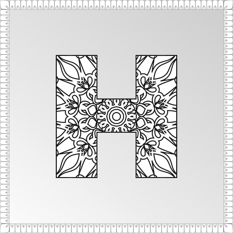 Letter H with Mandala flower. decorative ornament in ethnic oriental style. coloring book page. vector